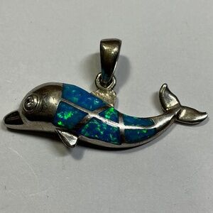 Sterling Silver Dolphin 🐬 Pendant with Inlay Opal. 1 inch high and 1.5 inches w